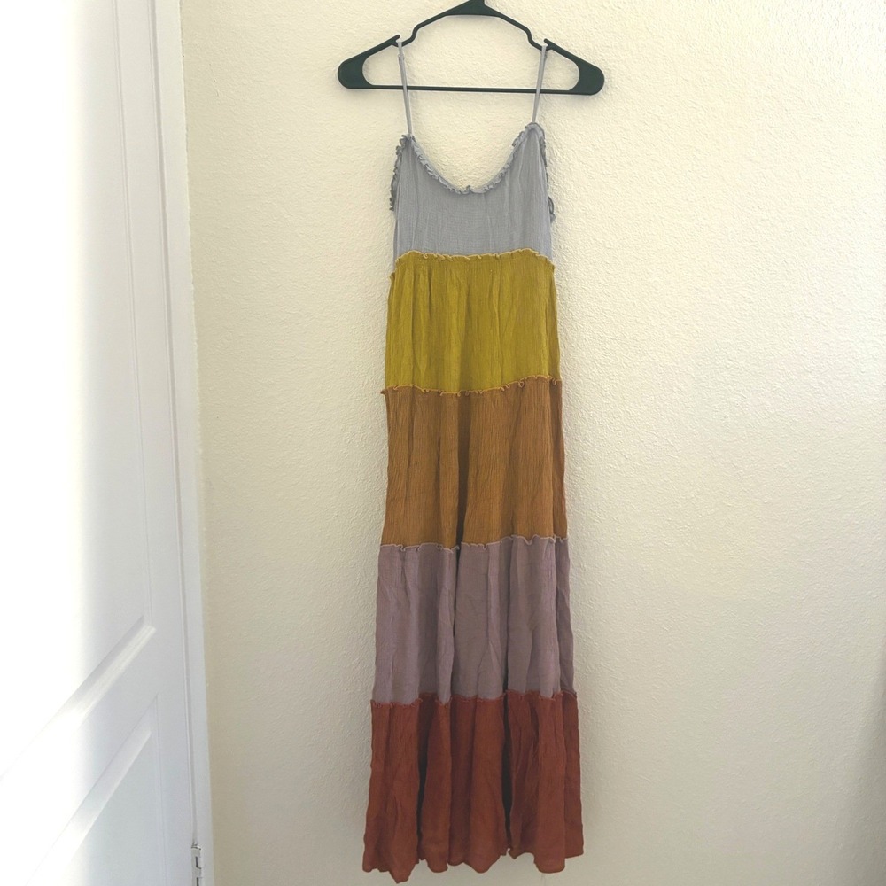 Sweet Lemon Tiered Maxi Dress Women Size M Multicolor Color Block Boho Indie